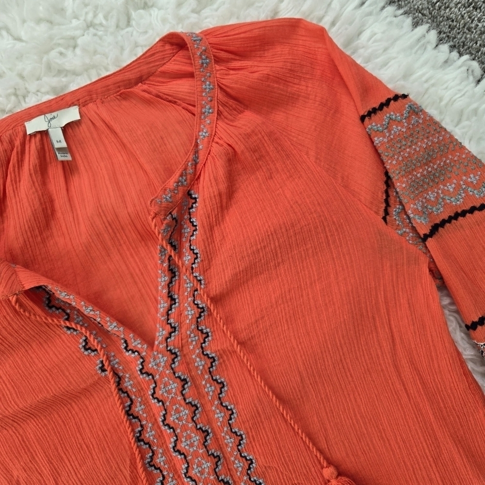 Joie Women's Nelida V-Neck Tassel Ties Embroidered Cotton Peasant Top. Size Medi - Picture 4 of 9